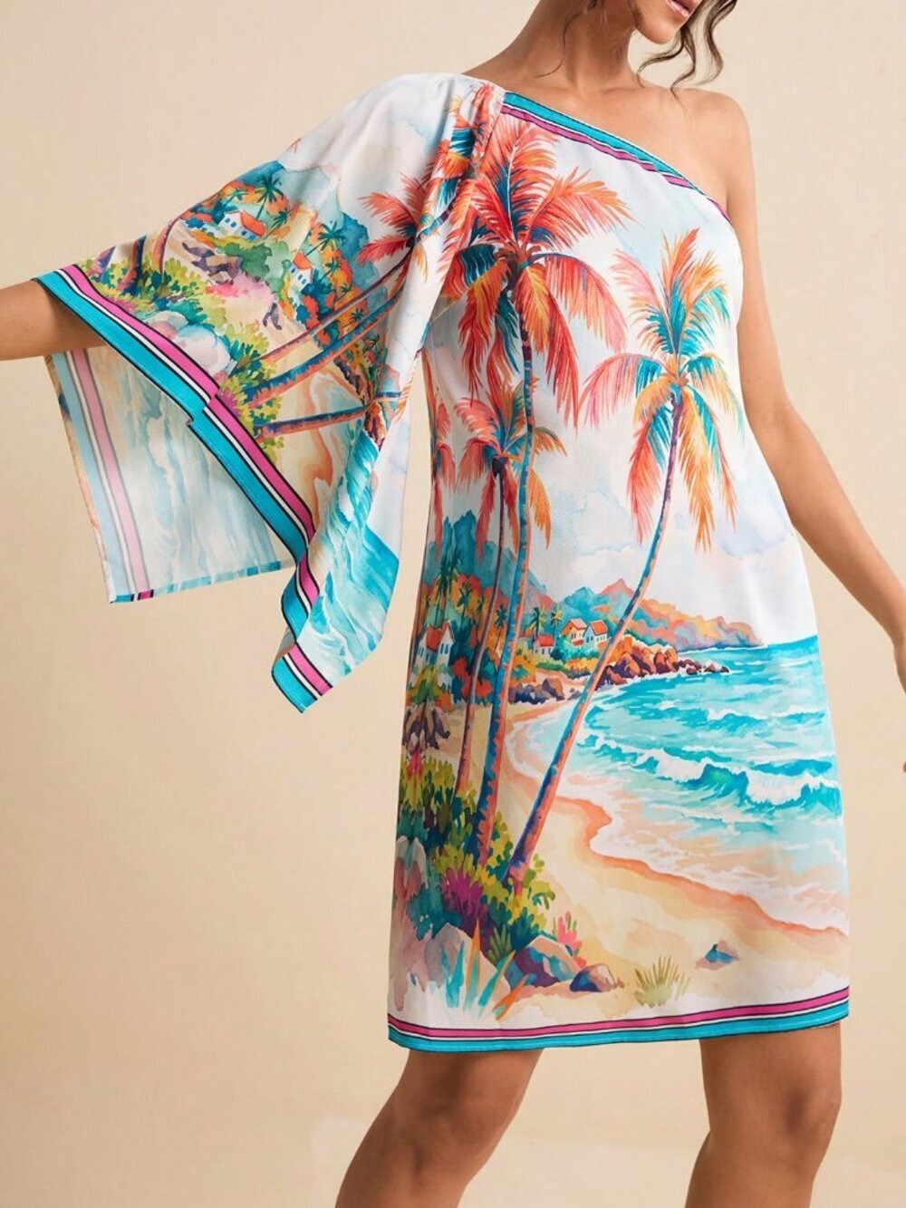 Multicolor Casual Women's Tropical Print One Shoulder Flowy Sleeve Mini Dress